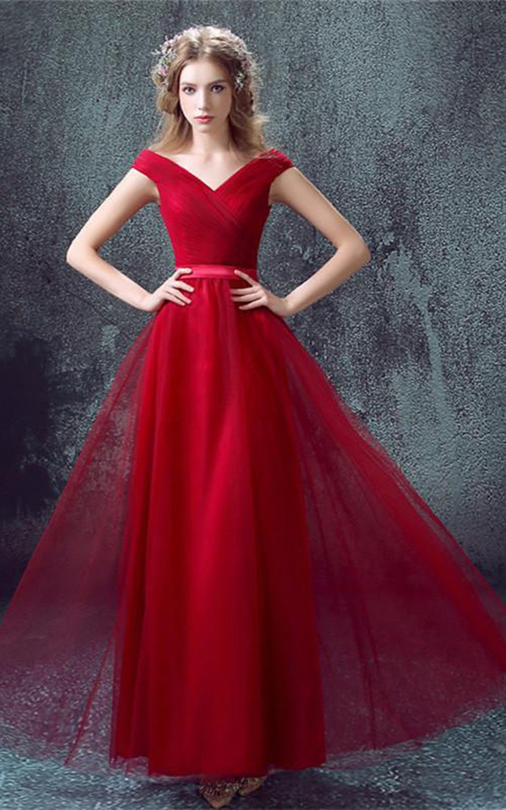 Newest Red Off-the-shoulder A-line Prom Dress Lace-up Floor-length