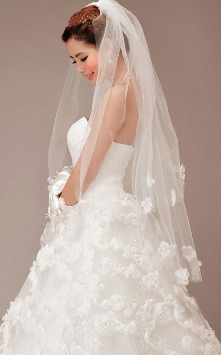 Double Layer Tulle Wedding Veil with Flower Appliques