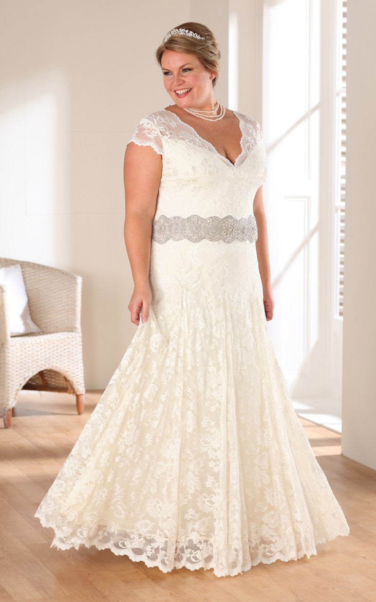 Plunged Cap-sleeve Lace plus size wedding dress With Jeweled Waist - Dress Afford