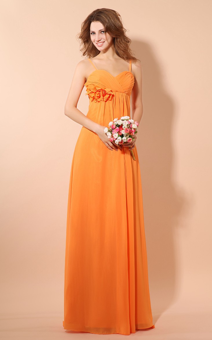 Empire Soft Flowing Fabric Pleated Dress With Ruching And Flower