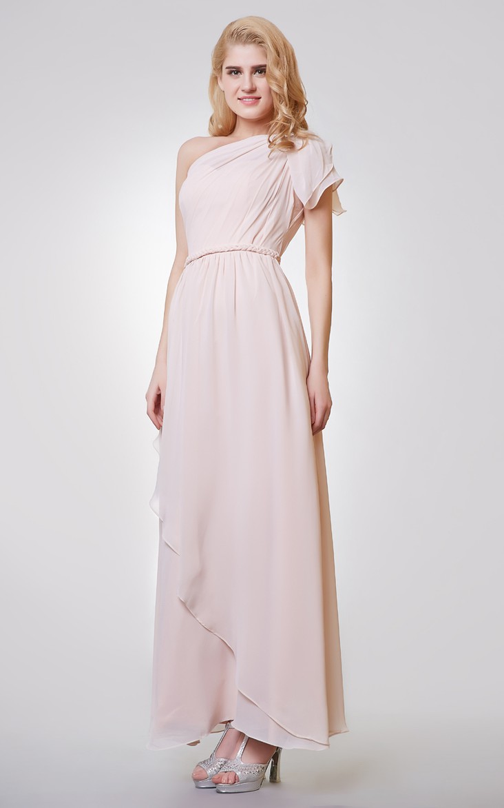 One Shoulder A-line Long Chiffon Dress With Side Draping