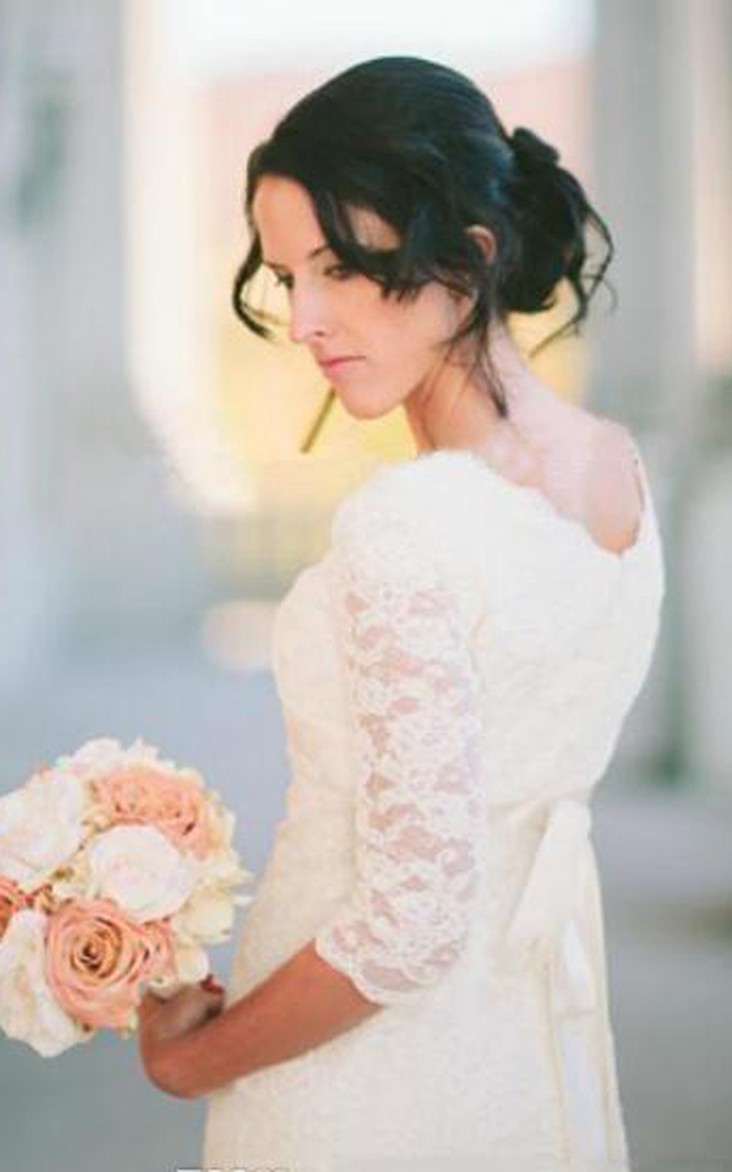 V-neck Lace Illusion 3/4 Length Sleeve Wedding Gown