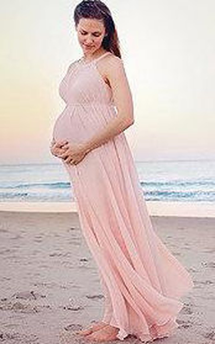 Long Pregnant Pink Chiffon Beach Floor-Length Bridesmaid Dress