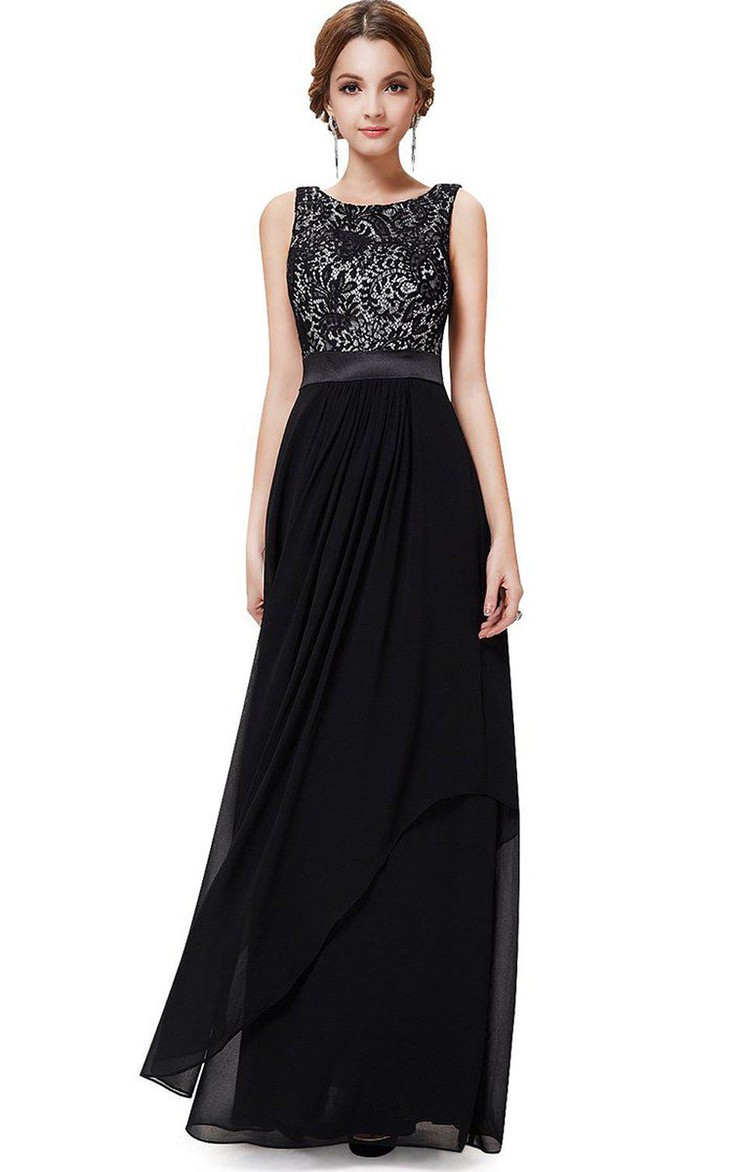 Scoop-neck Sleeveless Chiffon Long Dress With Lace top And Low-V Back