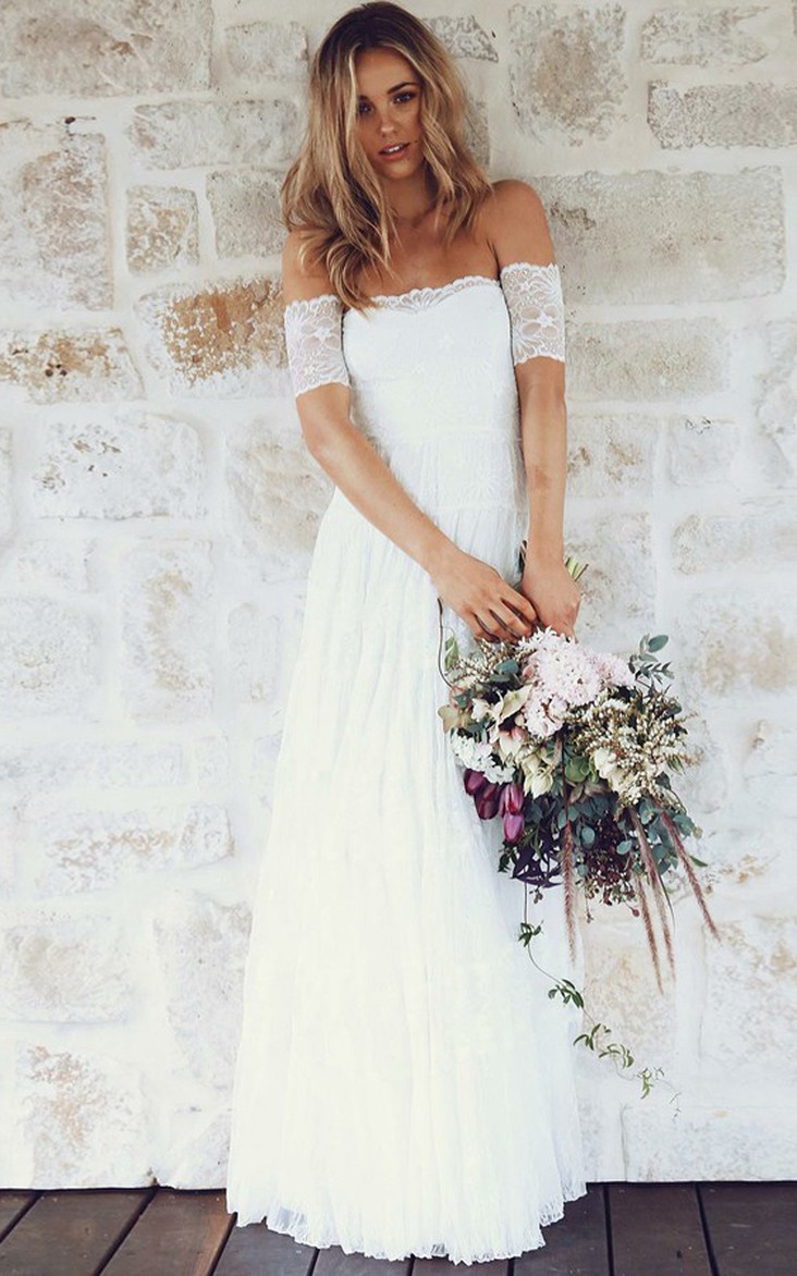 Off-the-shoulder Lace Cap Short Sleeve Wedding Dress