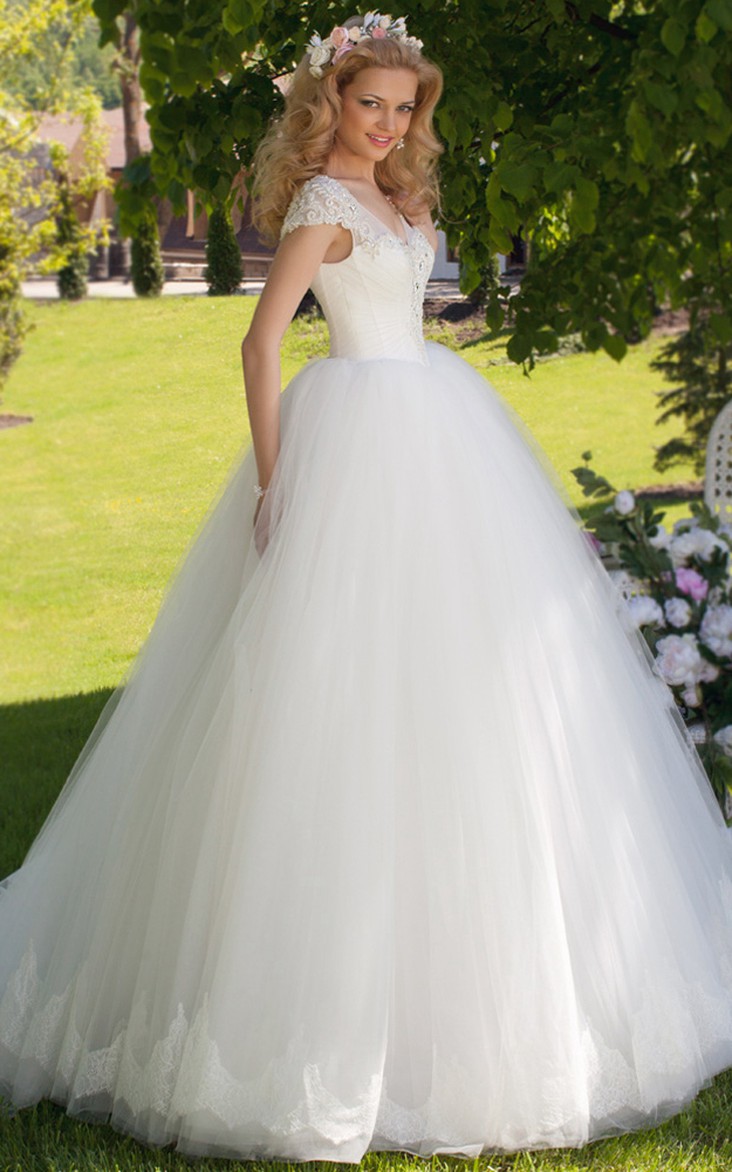 fairy V-neck Cap-sleeve Tulle Ball Gown With Beading And Corset Back