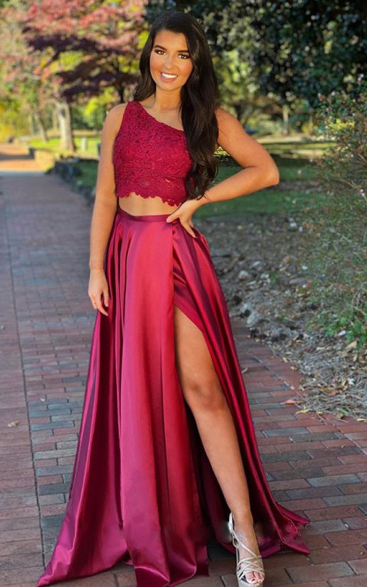 Two Piece Satin Lace One-shoulder Sleeveless Floor-length Formal Dress With Split Front
