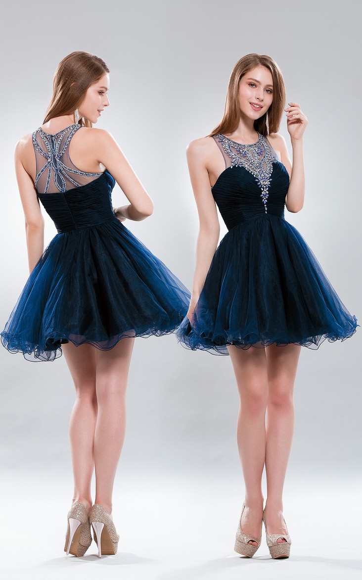 A-Line Short High Neck Sleeveless Tulle Illusion Dress With Beading And Ruffles