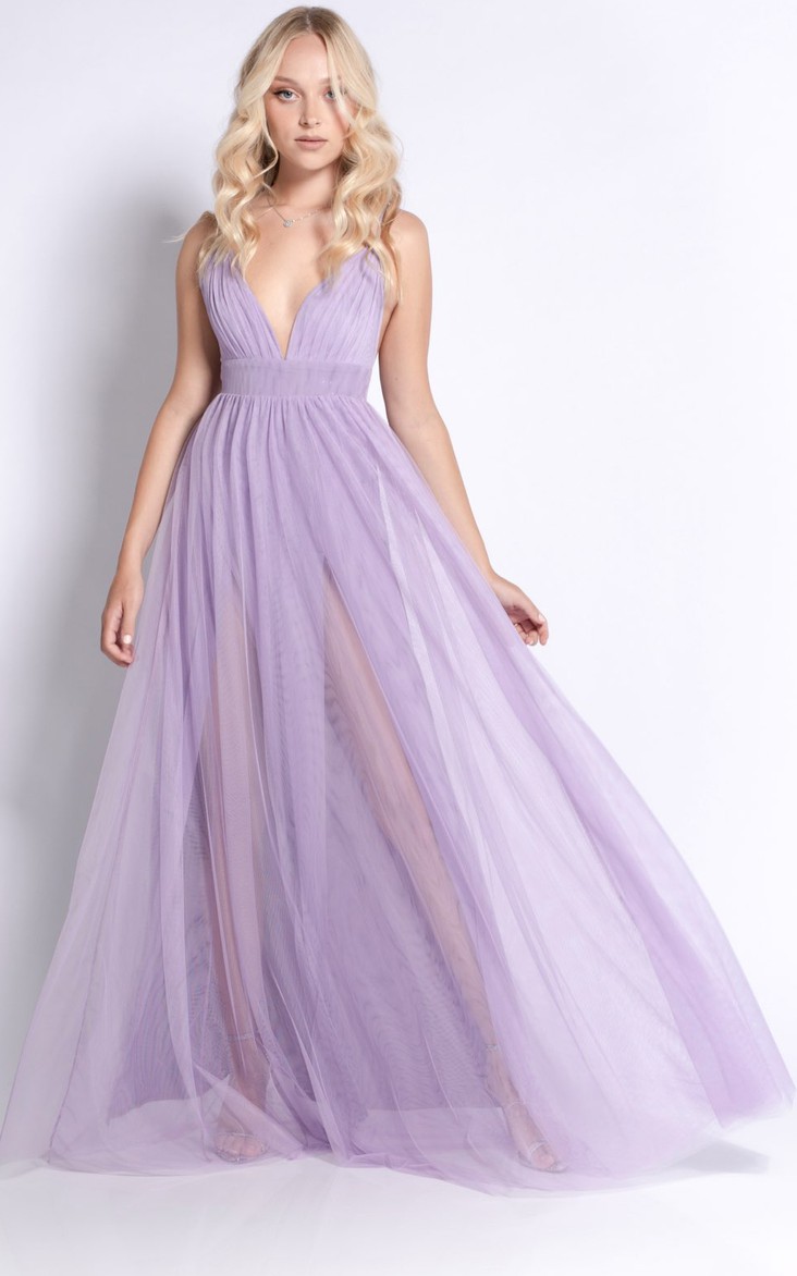 Sexy Tulle Plunging Neckline A Line Long Sleeve Floor-length Formal Dress with Ruching