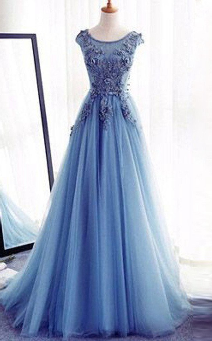 Jewel Lace Tulle Short Sleeve Floor-length Appliques Beading  Dress