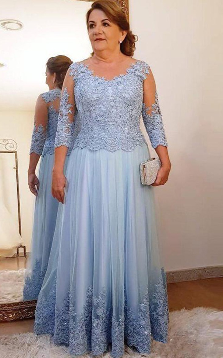 Modern A Line Lace Floor-length 3/4 Length Sleeve Mother of the Bride Dress with Appliques