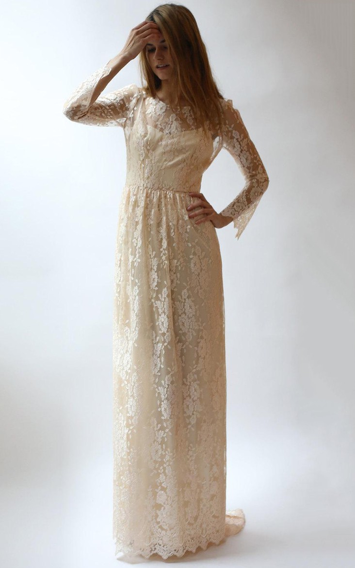 Scoop-neck Lace Long Sleeve Sheath Dress With Sweep Train