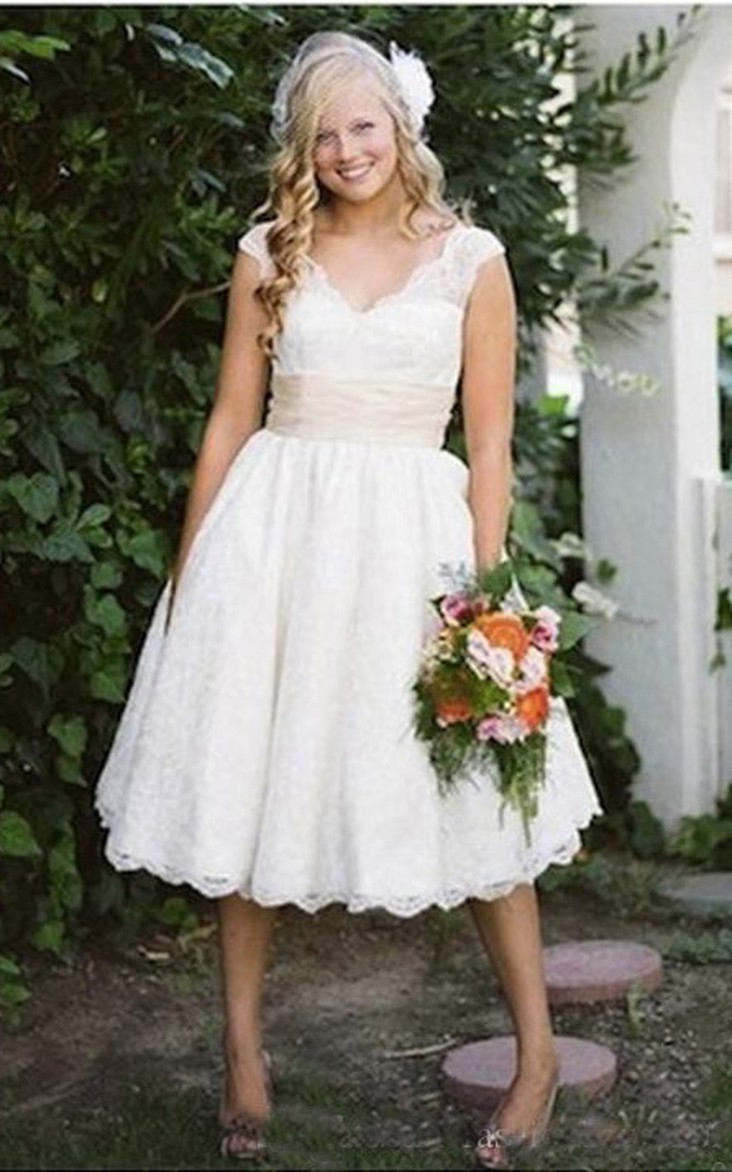V-neck Lace Cap Short Sleeve Wedding Gown