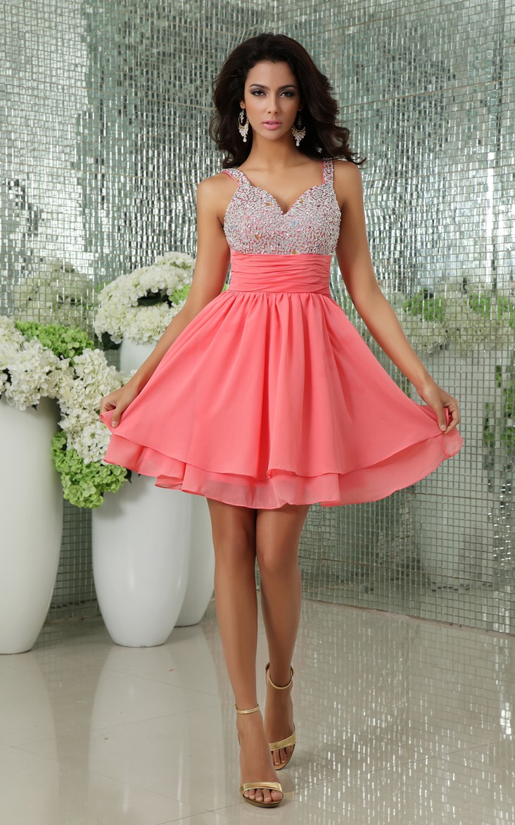 Shining V-Neck Chiffon Backless Dress With Sequined Top