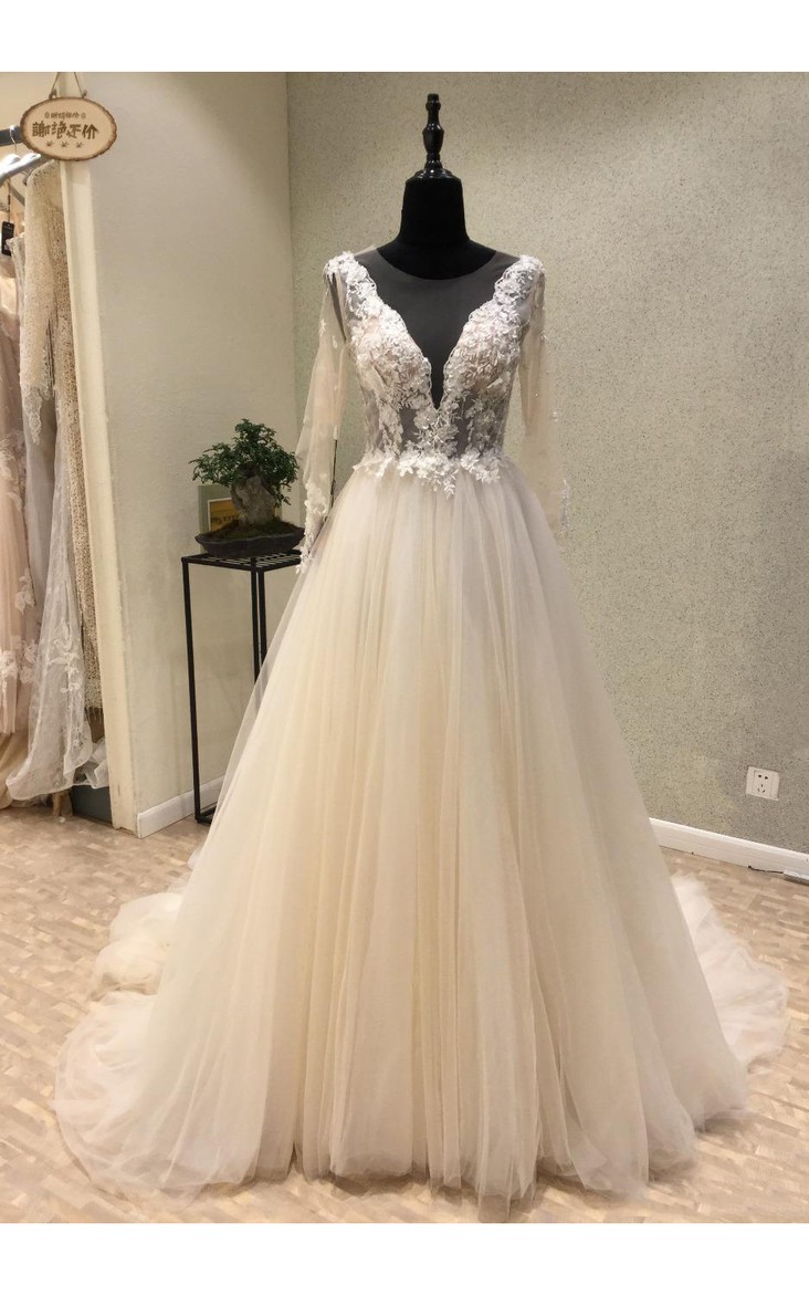 Sexy Plunging Neckline Tulle Floor-Length A-Line Long Sleeve Illusion Deep-V Back Wedding Dress
