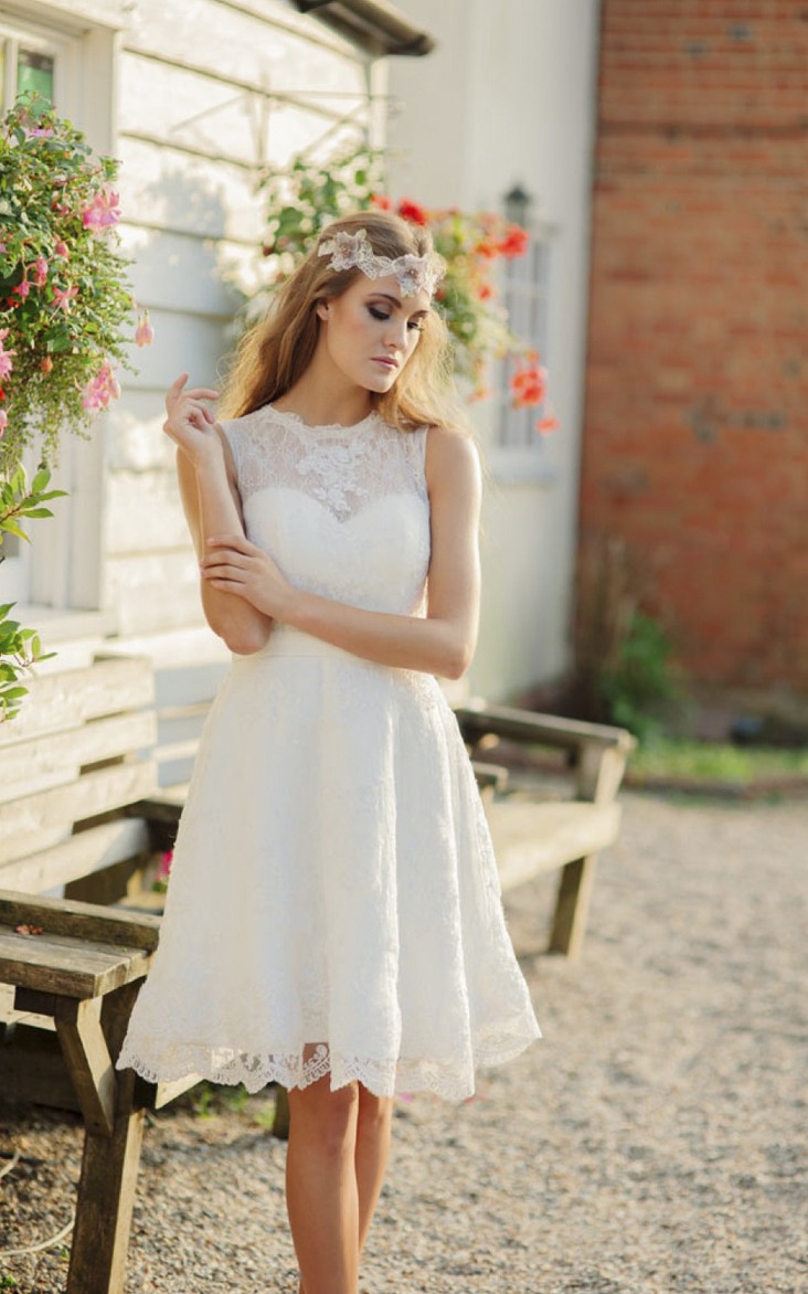 Illusion Sleeveless A-line Jewelry Neckline Knee-length Lace Wedding Dress