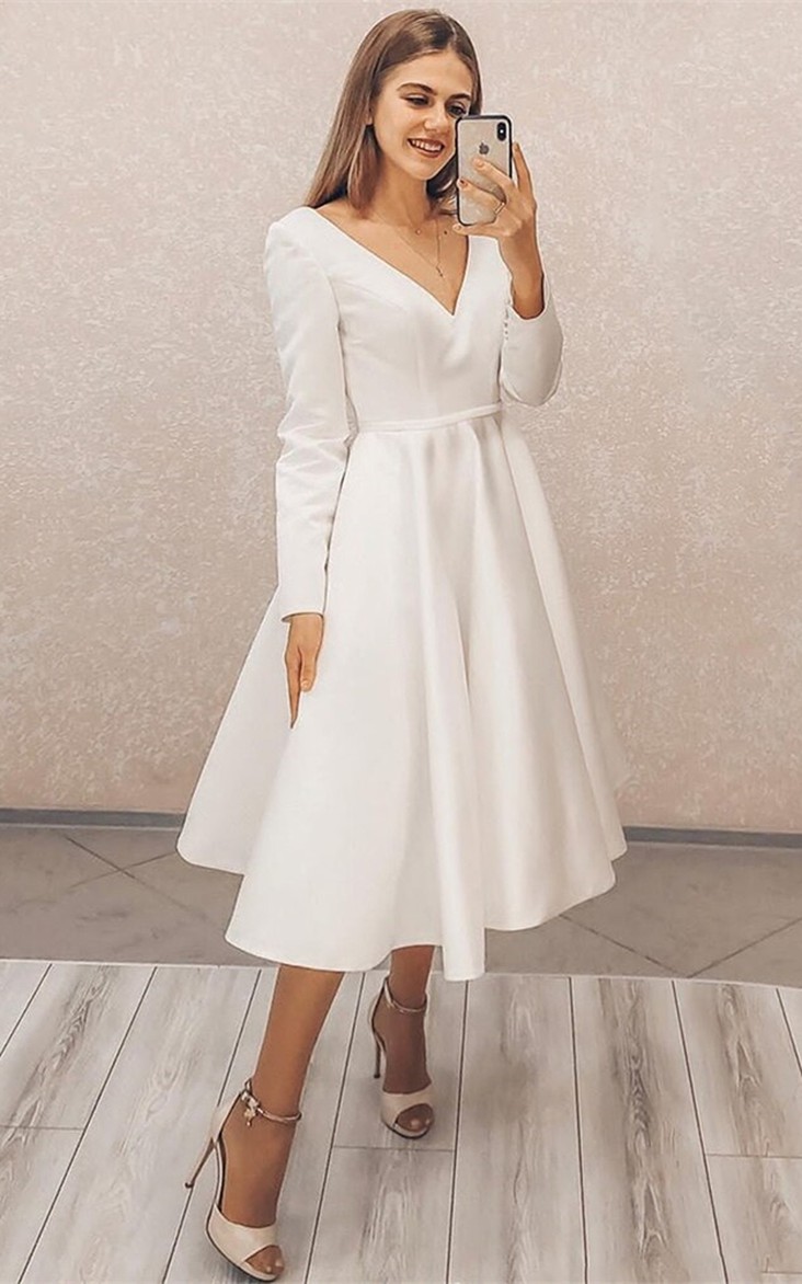 Simple V-neck A Line Satin Tea-length Wedding Dress