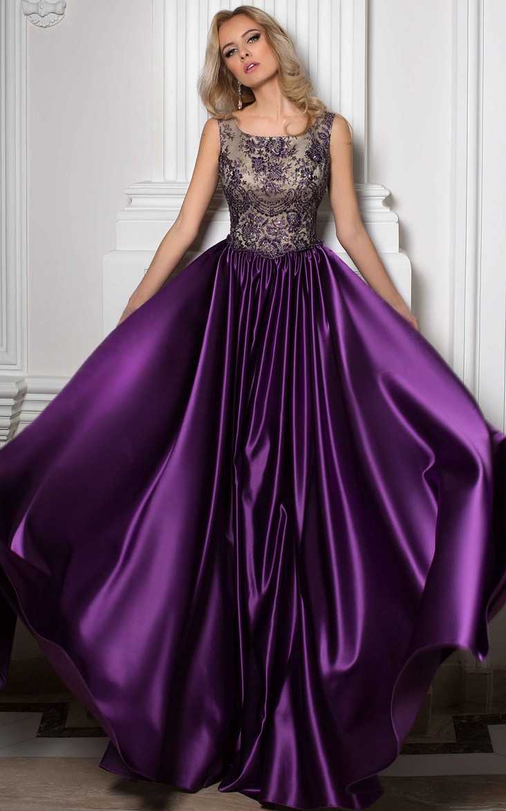 square neck Sleeveless Satin Dress With Beading And Low-V Back