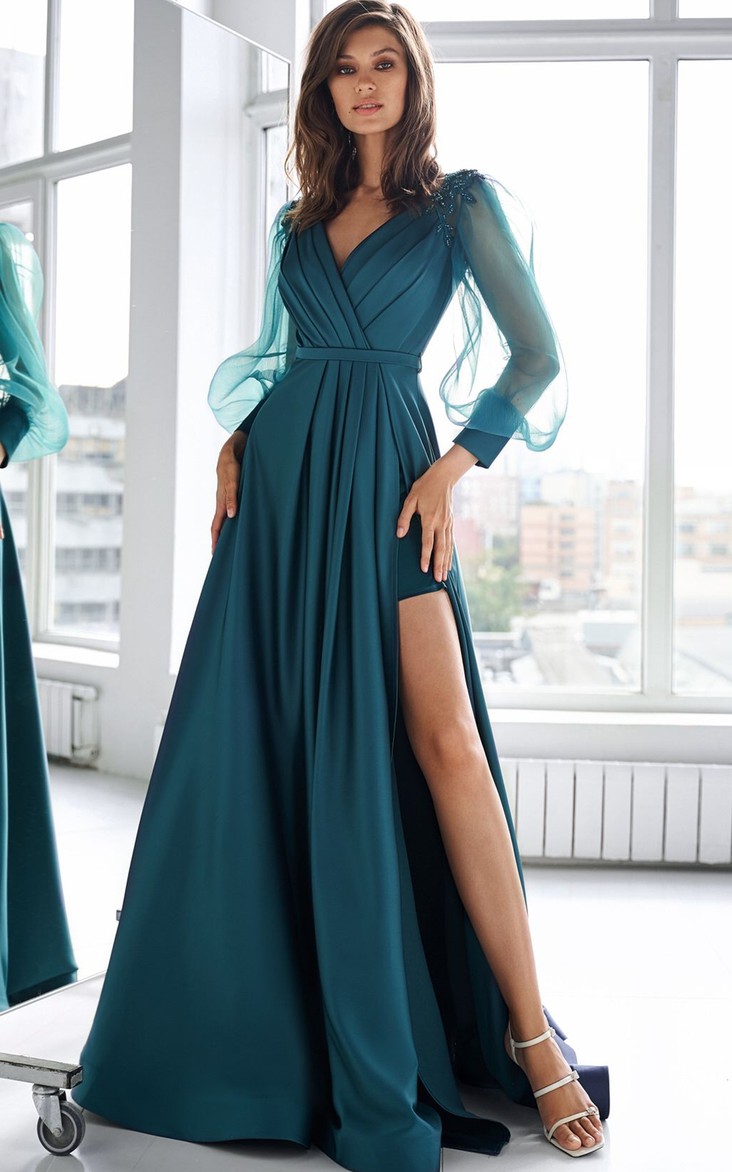 Simple A Line V-neck Satin Floor-length Prom Dress with Ruching and Beading