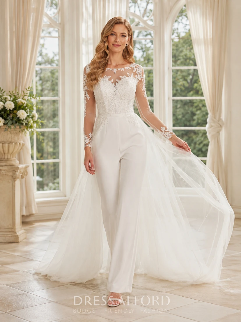 long sleeve jumpsuit wedding dress Jumpsuit/Pantsuit V-Neck Lace Sleeves Dresses bridal shower Bridal Jumpsuit With Long Sleeve