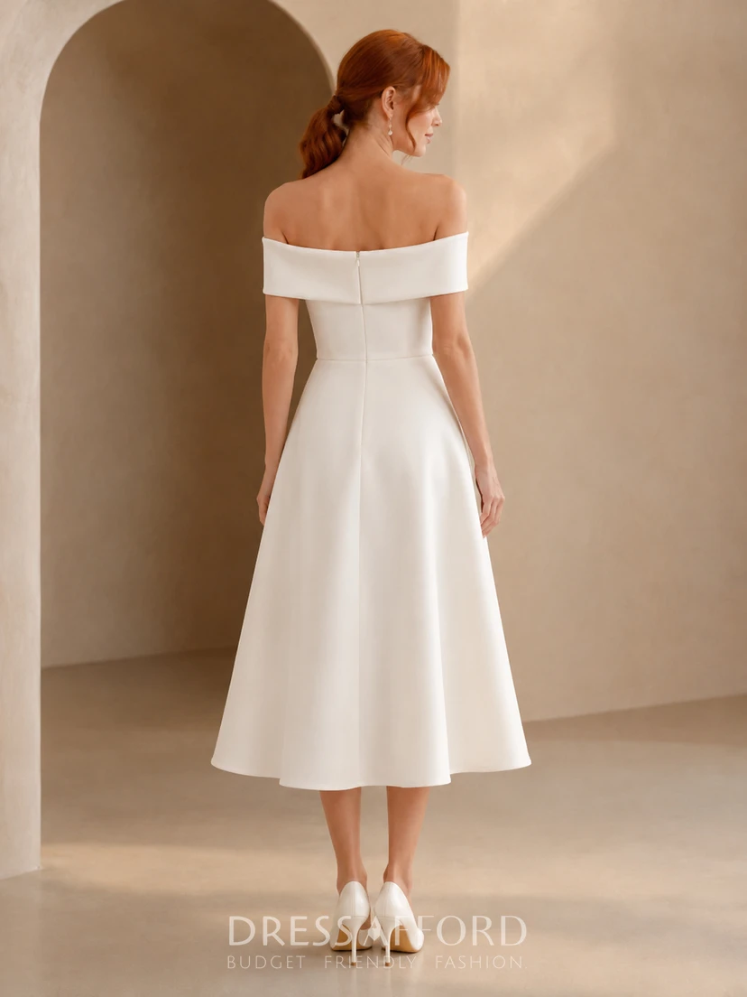Simple Civil Satin A Line Off Shoulder Tea Length Courthouse Wedding Dress