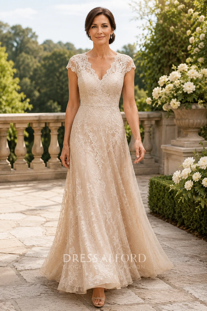 Champagne V-Neck Lace A-Line Mother Dress and Cap Sleeves