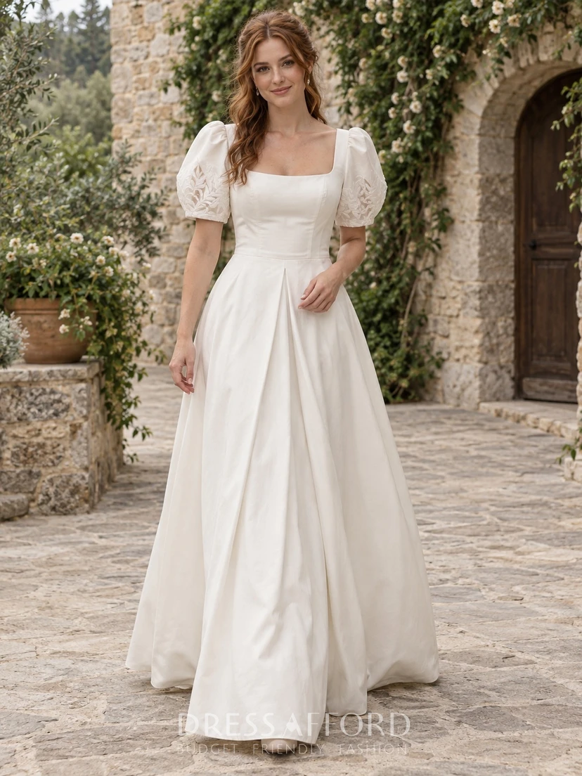 Simple Country Square Neck Rustic Lace Puff Sleeve Pleated Satin Wedding Gown