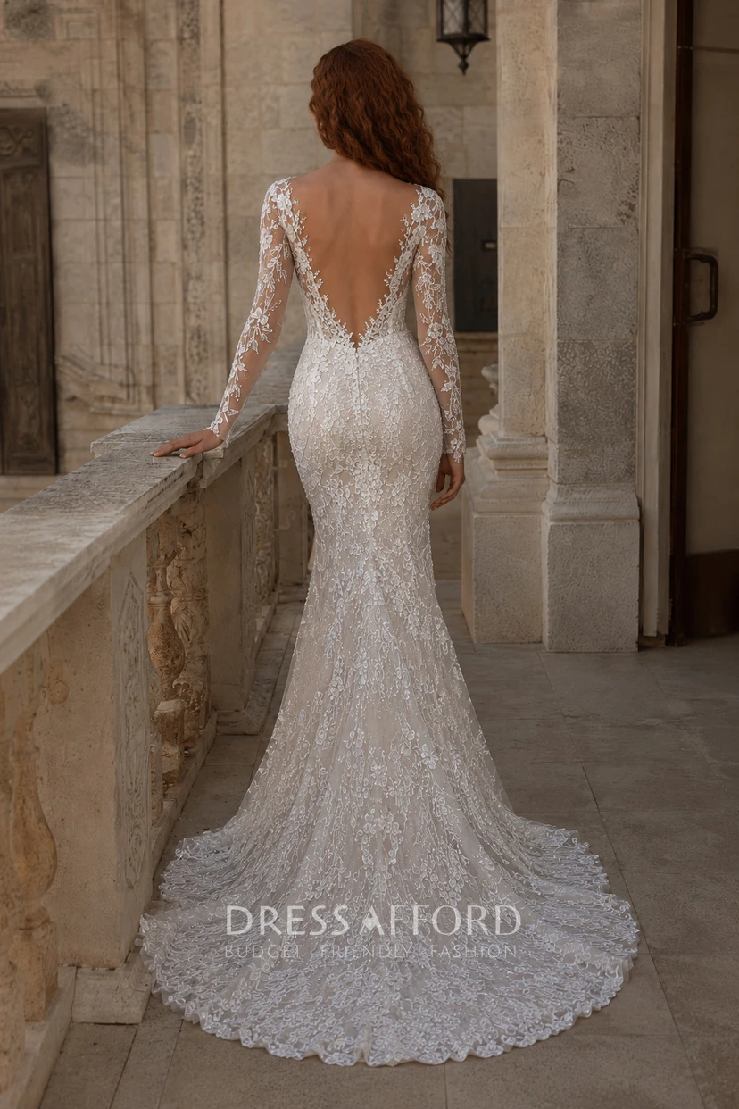 long sleeve beaded mermaid wedding dress Lace with Sweep Train The sheer tulle sleeves holidayshine Shift Dress Next Summer Color:Jean Stripes