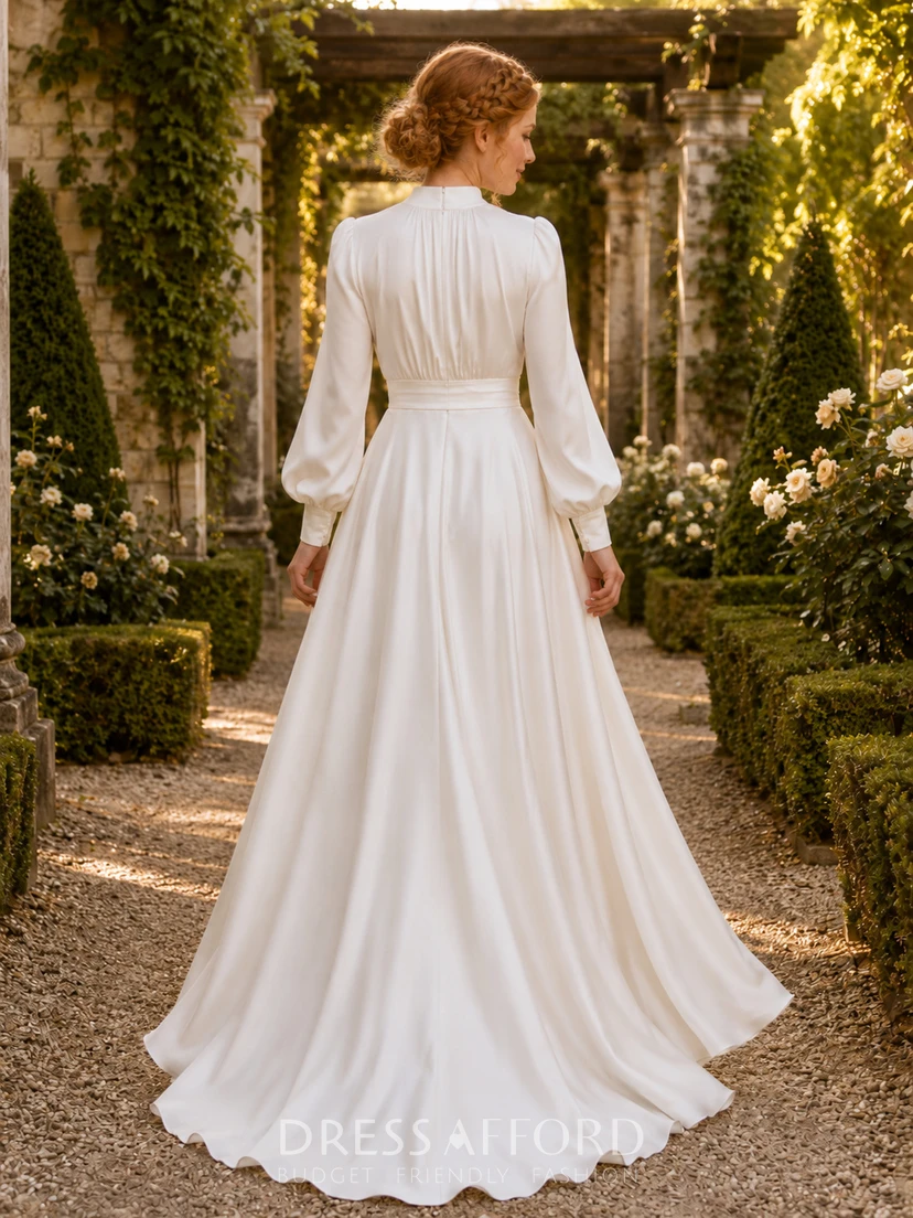 High Neck Poet Sleeve Satin Temple Garden Wedding Dress view 2