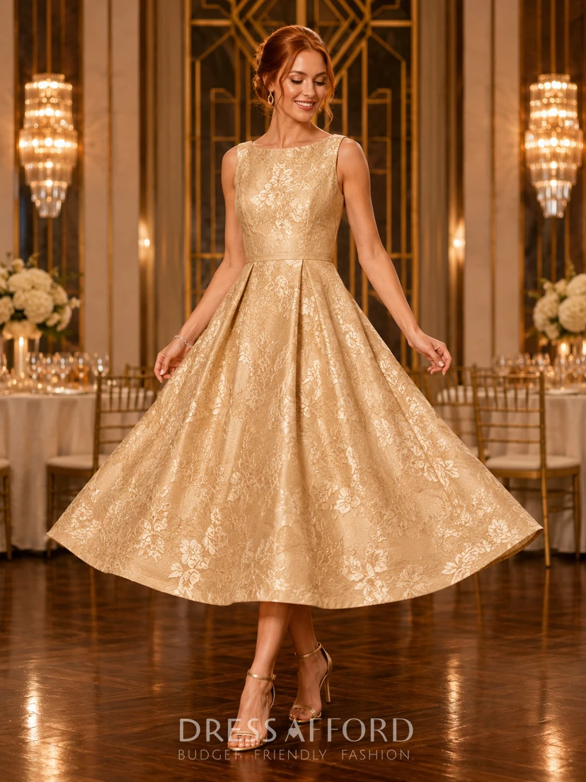 gold tea length wedding dress Ballroom Guest Bridesmaid Cocktail Formal A-Line Tea- V-Neck Sleeveless Satin Jacquard Zipper Back (108784) Bronze