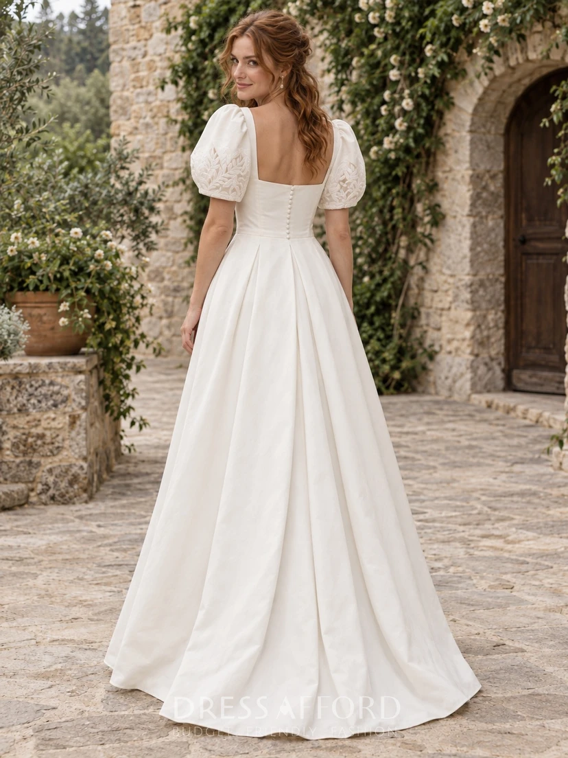 Simple Country Square Neck Rustic Lace Puff Sleeve Pleated Satin Wedding Gown view 2