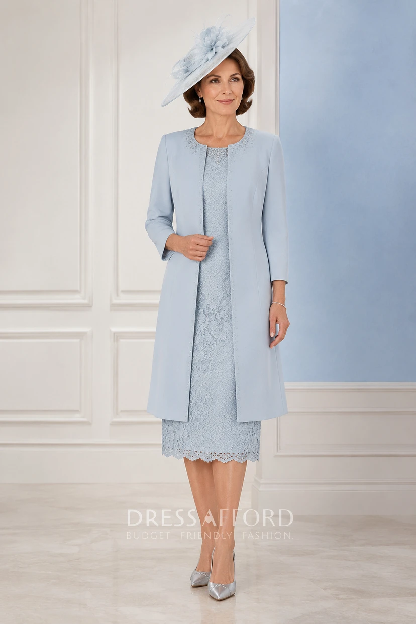 knee length mob dresses Dress Sky Blue Chiffon Lace Sheath Long Sleeve Bateau Neck with Jacket (201590) vertical-stripe-socks