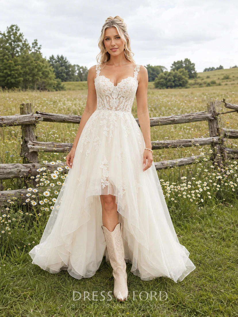 boho lace tulle dress Meadow Country Romantic A-Line Wedding with V-Neck Spaghetti Straps Sleeveless Floor-Length Split Skirt Low Back Deep V Detail (723493) boho fairy wedding dress
