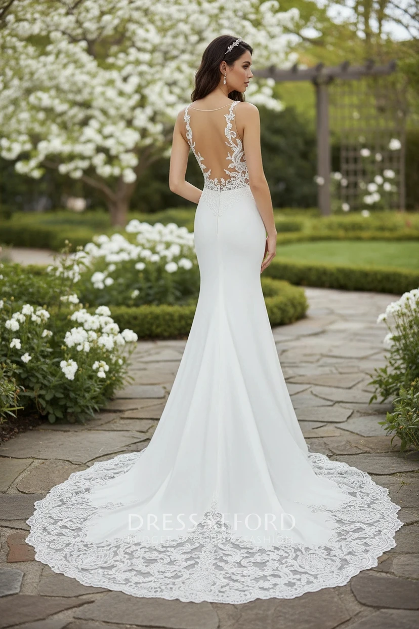 V-Neck Lace Fit and Flare Garden Wedding Dress view 2