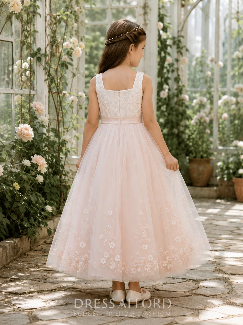 ankle length floral dresses Blush Flower Girl Dress Ankle-Length Lace Tulle A-Line Square Neck Sleeveless Embroidered Hem Zipper Back (406927) 90's dress this dress has no Sequins Layered Tulle A-Line Color:OLIVE
