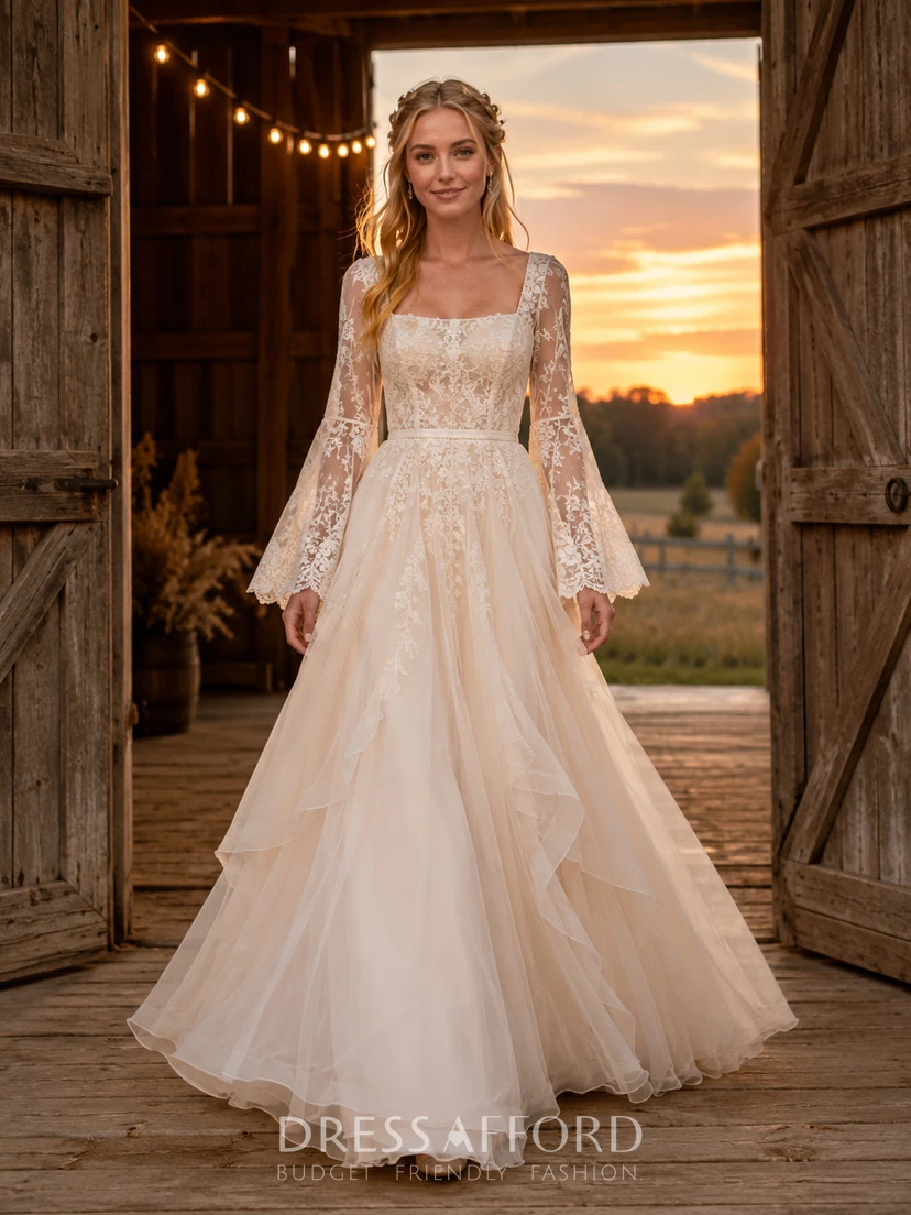 autumn boho wedding dress Fall Square Neck Bell Sleeve Tulle (724416) outdoor fall wedding dresses