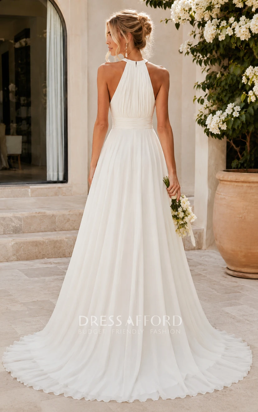 chiffon halter wedding dress White A-line with Pleats (719466) sku_327750
