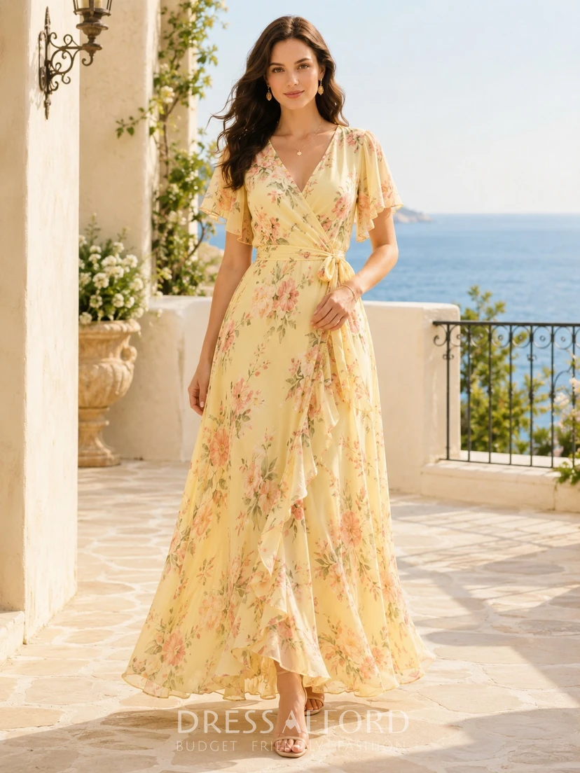 Daffodil Floral Chiffon V-Neck Flutter Sleeve A-Line Floor-Length Romantic Garden Dress
