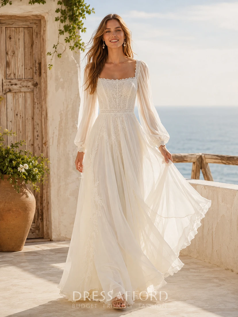 Bohemian Square Puff Sleeve Chiffon Low-Back Sweep Beach Wedding Gown