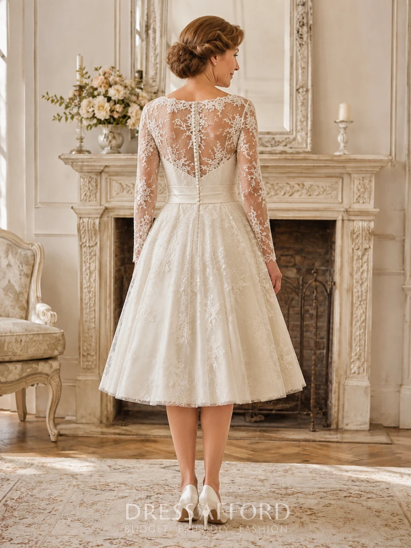 Vintage Mature Bride Jewel Neck Long Illusion Lace Sleeve Satin A-Line Tea-Length Wedding Dress (727429)