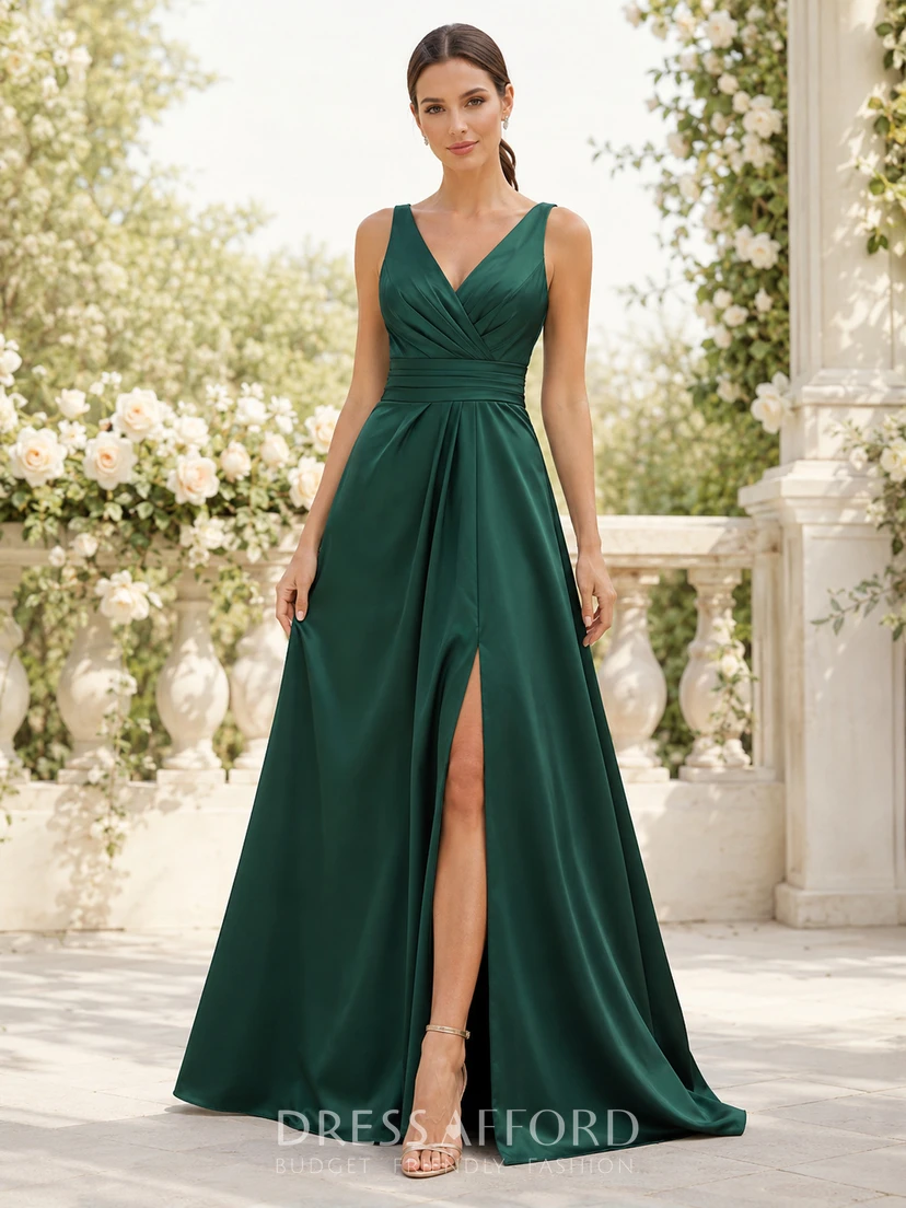 dark green strappy dress Romantic Garden A-Line Chiffon Bridesmaid with Sleeveless V-Neck Straps Bodice, Split Floor-Length Skirt and Low V Back (109029) dress prom gowns