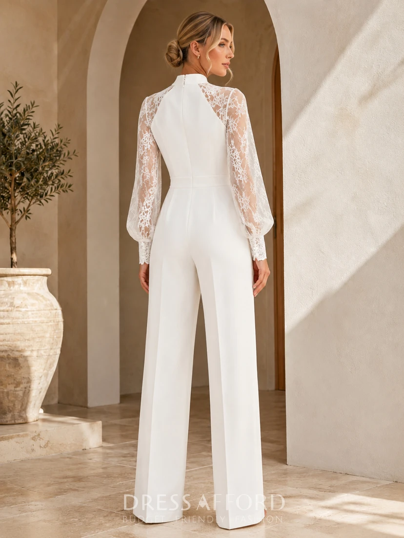 Modern White High Neck Long Lace Sleeve Wide-Leg Jumpsuit Courthouse view 2