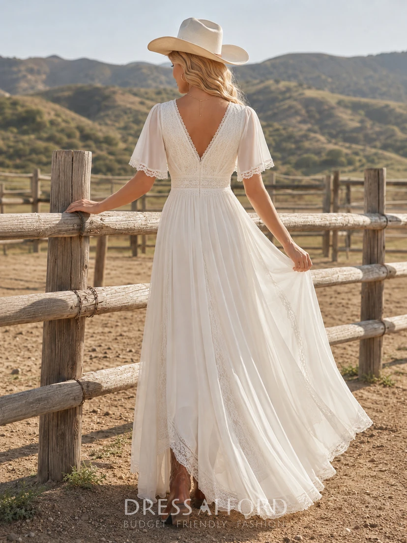 Western Country Simple Romantic Casual A-Line Chiffon Wedding Dress with V-Neck Short Sleeve Floor-Length Split Skirt Low Back view 2