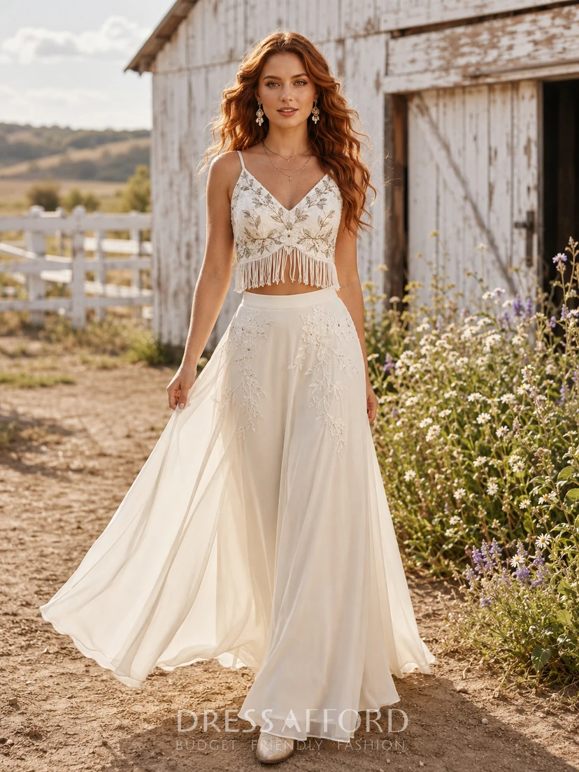 bohemian two piece dress Boho Fringe Western Ranch Chiffon Bridal Gown (723971) back closure Half