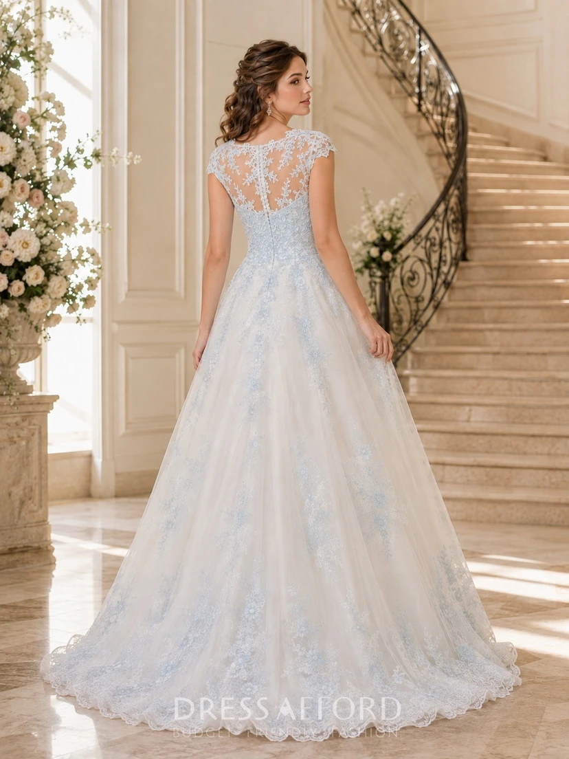 sky blue dress wedding Appliqued A-Line V-Neck Cap Sleeve Lace Romantic Gown (732262) blue tulle fabric is