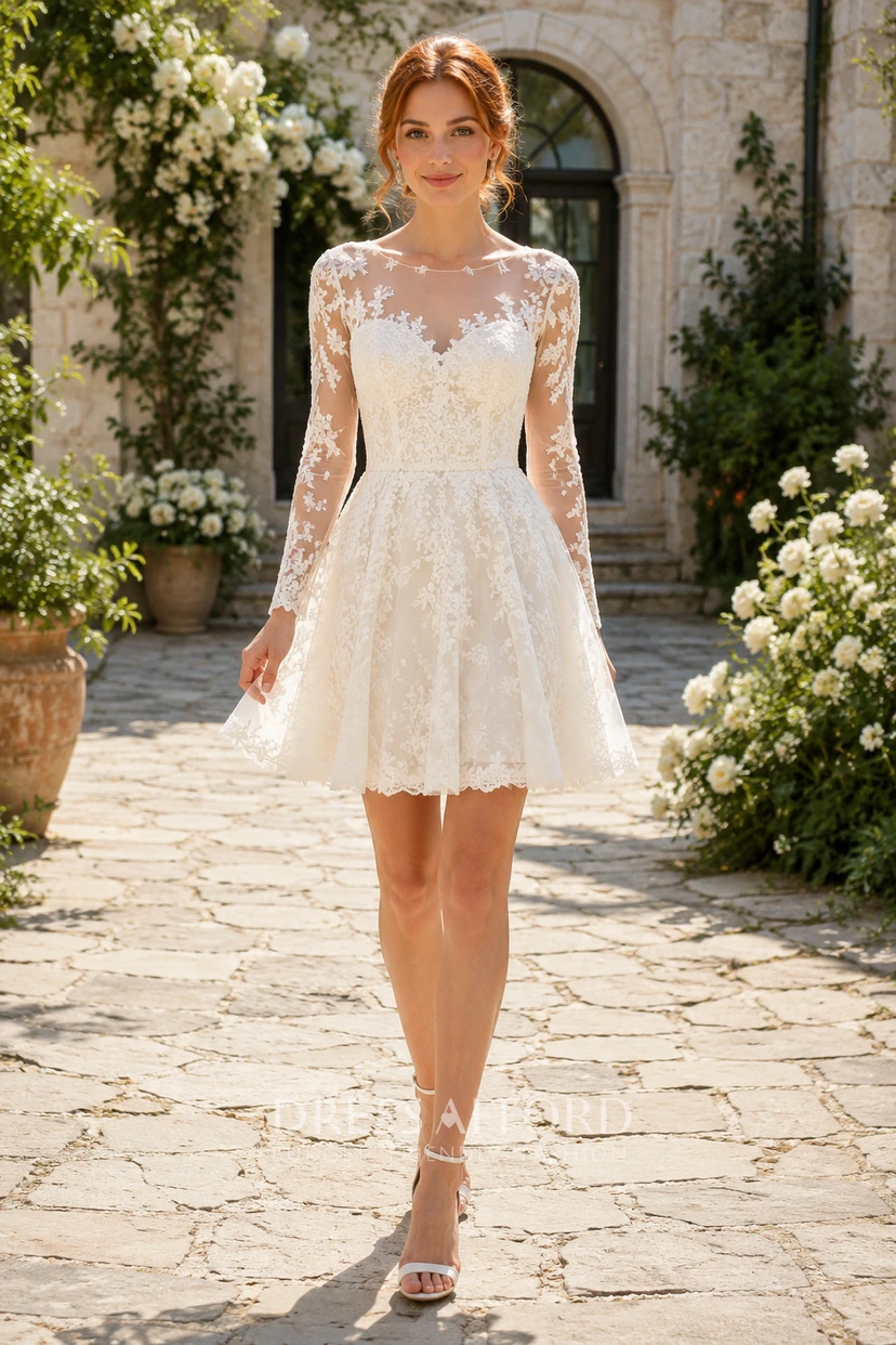 Short Long Sleeve Lace A-Line Wedding Reception Dress