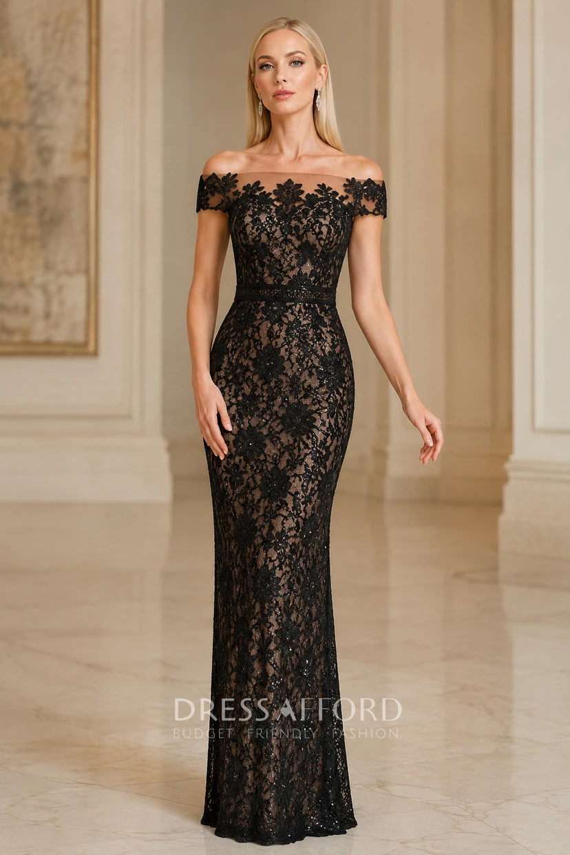 Black Off Shoulder Lace Sheath Evening Dress Nude Illusion Lining for Evening and Formal Events