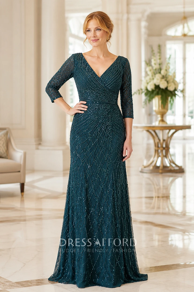 formal peacock dress V-Neck Beaded Mother Three Quarter Sleeves for Mother and Events (339100) fourth of july