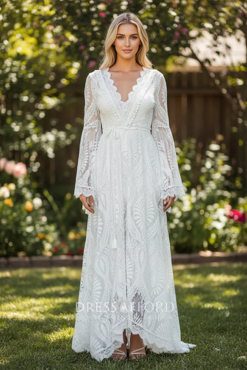 Bell Sleeve Lace Wedding Dress with Train view 2