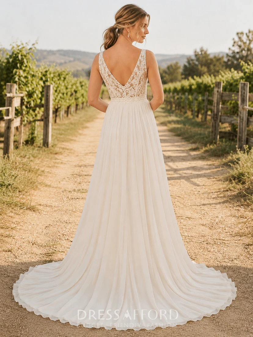 Country Simple Romantic A-Line Lace Tulle Wedding Dress with V-Neck Sleeveless Floor-Length Train Low Back Deep V Detail view 2